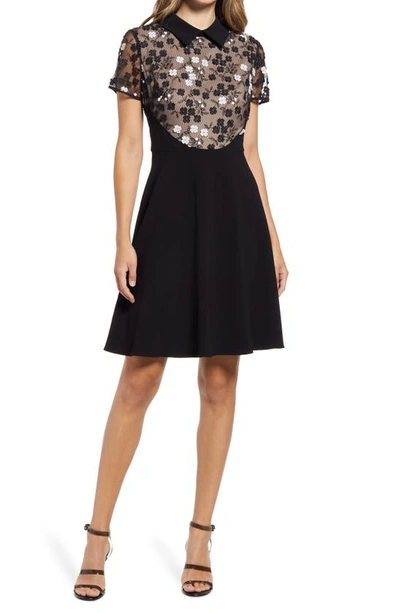 Shani Floral Applique Fit-&-flare Dress With Collar In Black/nude