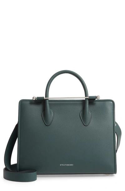 Shop Strathberry Midi Calfskin Leather Convertible Tote In Bottle Green