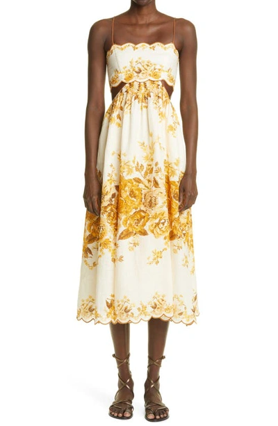 Shop Zimmermann Aliane Cutout Linen Midi Sundress In Amber Floral