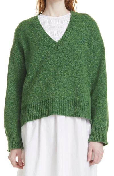 Shop Ganni V-neck Recycled Wool Blend Sweater In Kelly Green