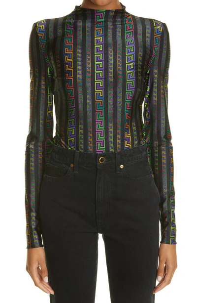 Shop Versace Greca Long Sleeve Bodysuit In 5x020 Multicolor Black