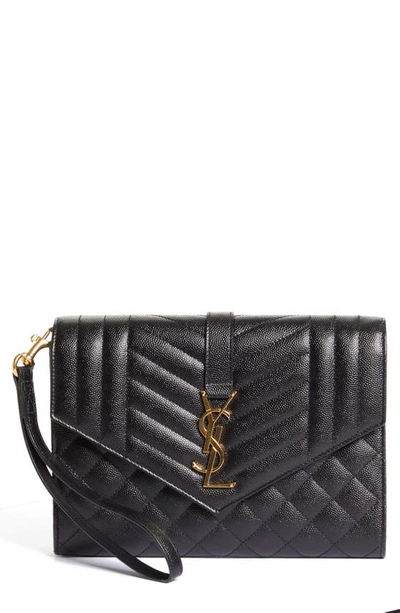 Shop Saint Laurent Monogram Matelasse Leather Clutch In Dark Beige/ D.b./ D.b