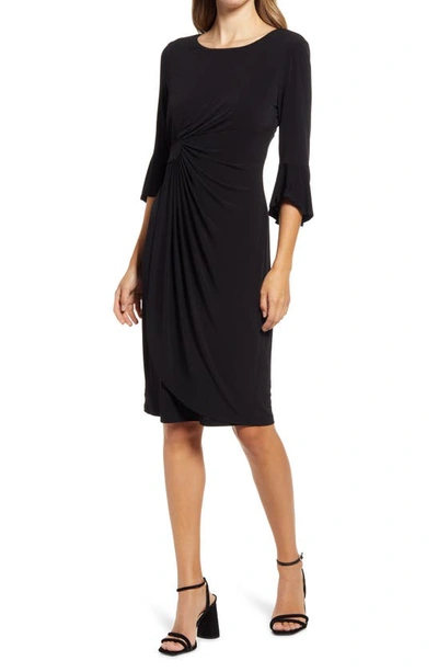 Shop Connected Apparel Ruched Bell Sleeve Faux Wrap Cocktail Dress In Black