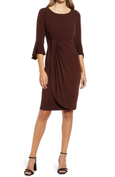 Shop Connected Apparel Faux Wrap Bell Sleeve Jersey Cocktail Dress In Coffee