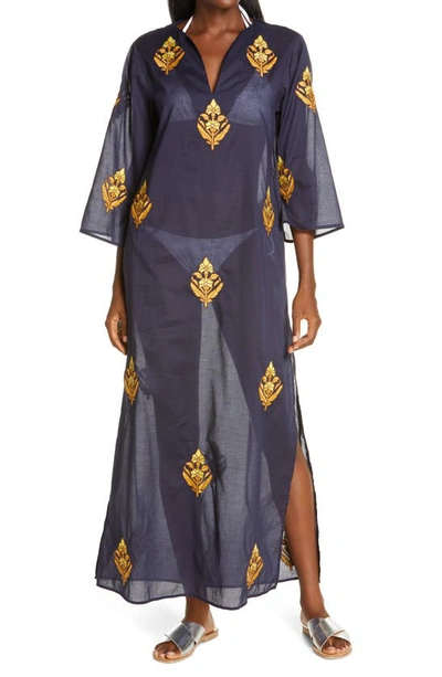 Shop Tory Burch Embroidered Cotton Caftan In Tory Navy