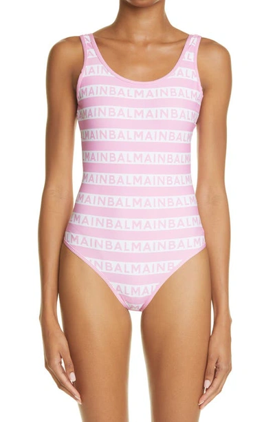 Shop Balmain Logo Stripe One-piece Swimsuit In White/ Pink