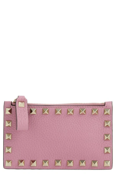 Shop Valentino Rockstud Leather Zip Card Case In Giacinto