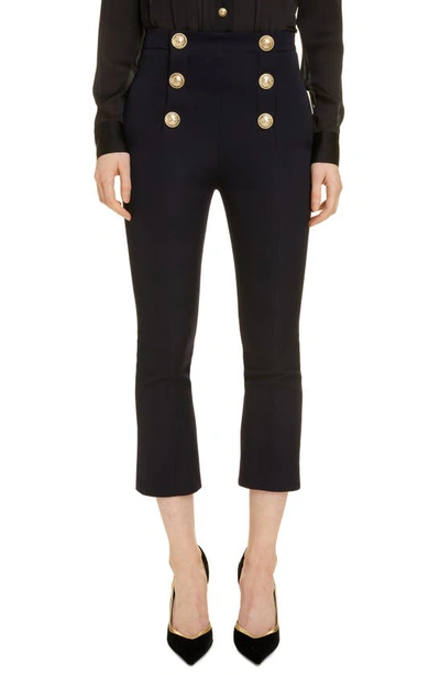 Shop Balmain Button Detail Crop Flare Wool Pants In 6uc Marine