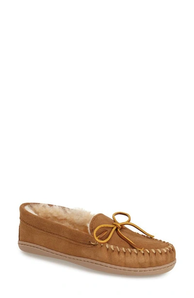 Shop Minnetonka Sheepskin Hard Sole Slipper In Tan Suede