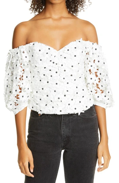 Shop Self-portrait Daisy Guipure Lace Puff Sleeve Off The Shoulder Top In White