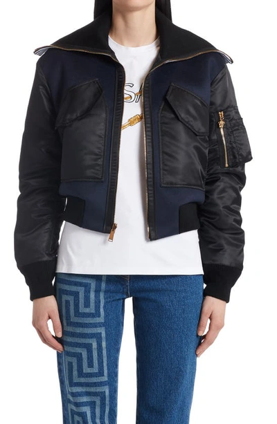 Shop Versace Intarsia Logo Collar Wool Blend Bomber Jacket In 2u340 Blue Black
