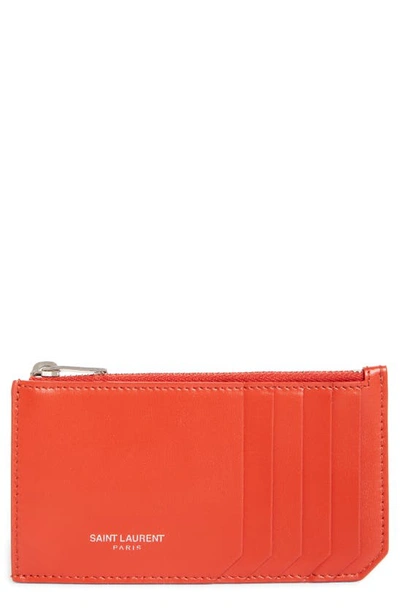 Shop Saint Laurent Fragments Leather Zip Card Case In Red Orange