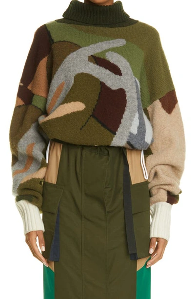 Shop Sacai X Kaws Jacquard Knit Turtleneck Sweater In Camouflage