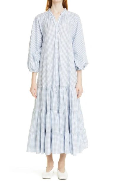 Shop Bytimo Gingham Puff Sleeve Tiered Maxi Dress In Blue Checks