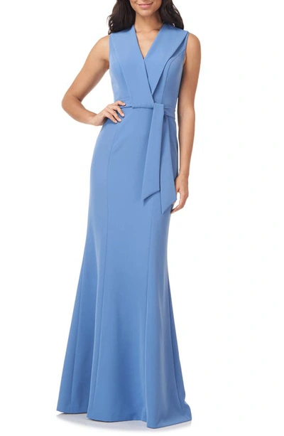 Shop Kay Unger Cecily Belted Sleeveless Gown In Mediterranean Blue