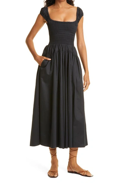 Shop La Ligne Smocked Bodice Cap Sleeve Cotton Midi Dress In Black