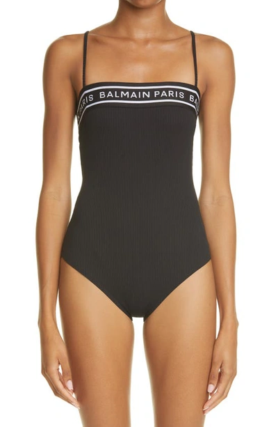 Shop Balmain Logo Band Rib Bandeau One-piece Swimsuit In Black