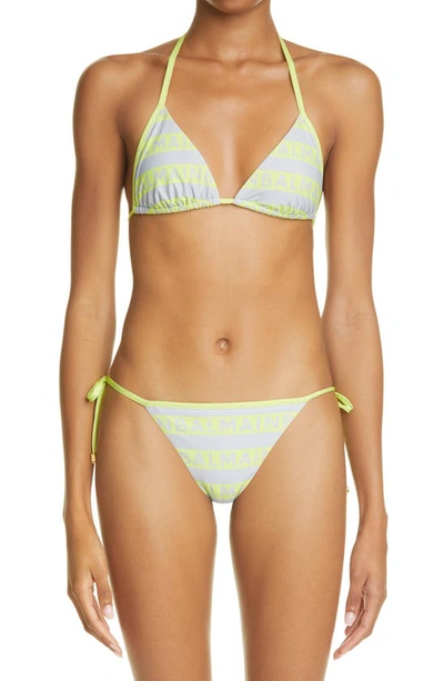 Shop Balmain Logo Stripe Two-piece Swimsuit In Grey/ Lime