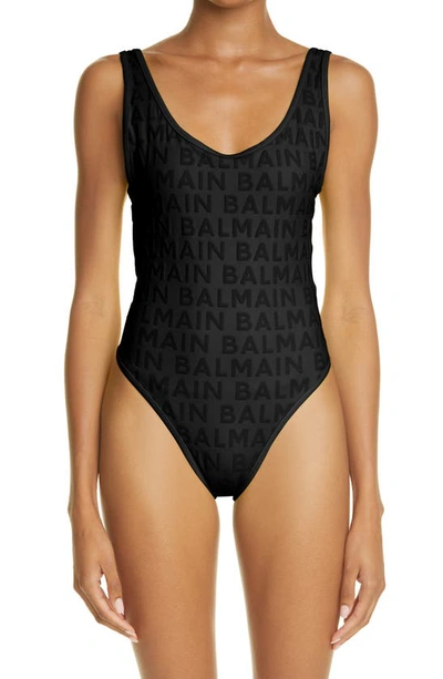 Shop Balmain Logo Embossed One-piece Swimsuit In Black