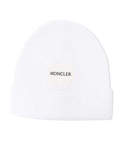 Shop Moncler Ribbed Knit Logo-patch Beanie In White