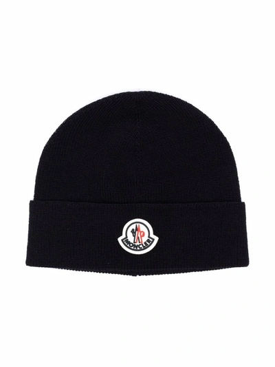 Shop Moncler Logo-patch Ribbed Beanie In Blue