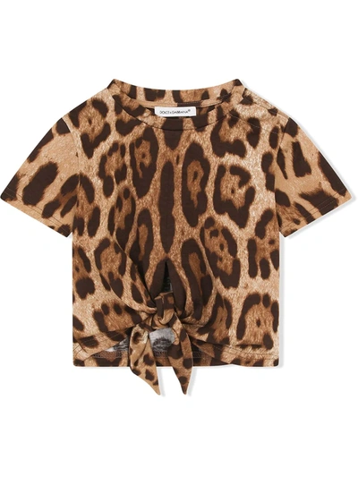 Shop Dolce & Gabbana Leopard-print Knot-front T-shirt In Brown