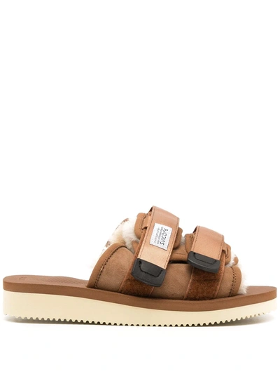 Shop Suicoke Moto Shearling-trim Slides In Brown