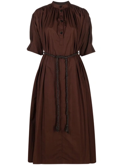 Shop Jil Sander Button-front Pleated Puff-sleeve Long Dress In Braun