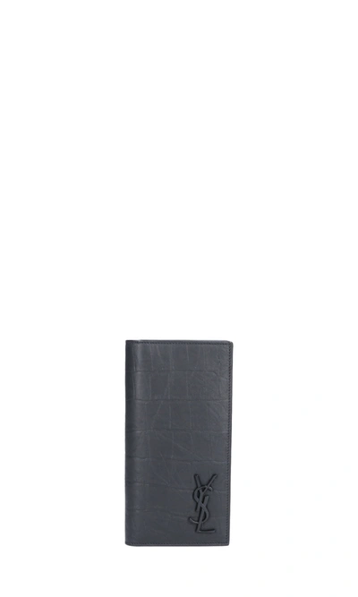 Shop Saint Laurent Croco "monogram Continental" Wallet In Black