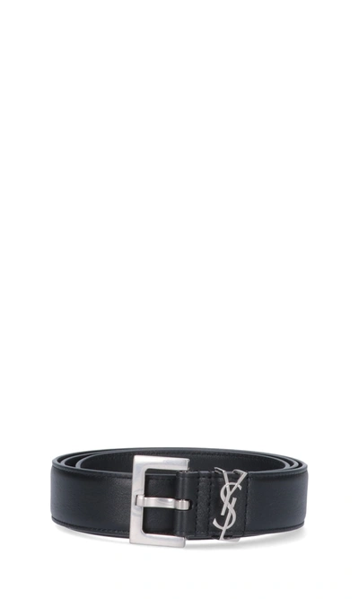 Shop Saint Laurent Logo Belt In Black