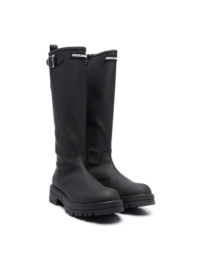 Shop Dsquared2 Teen Ridged Leather Boots In 黑色