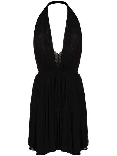Shop Saint Laurent Halterneck Pleated Mini Dress In Black