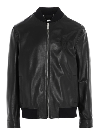 Shop Billionaire Crest Leather Bomber Jacket In Black