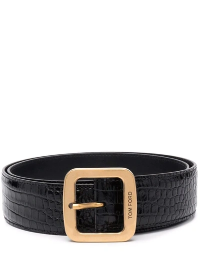 Shop Tom Ford Black Calf Leather Crocodile-effect Leather Belt In Nero