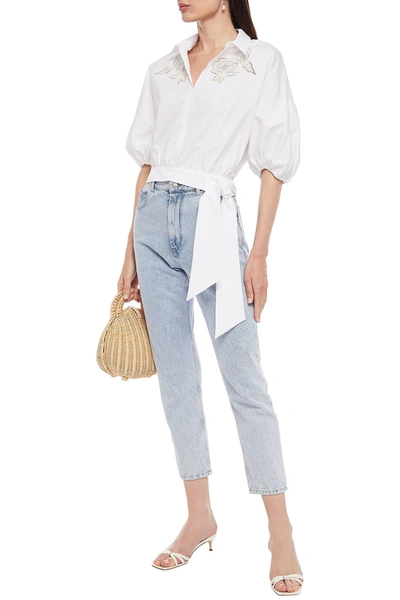 Shop Lela Rose Cropped Tie-front Broderie Anglaise-trimmed Cotton-blend Poplin Shirt In White