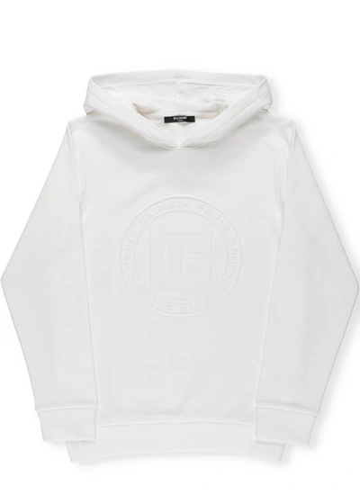 Shop Balmain Kids Logo Embossed Hoodie In White