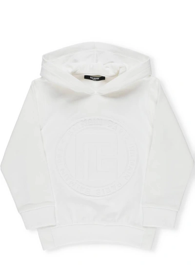 Shop Balmain Kids Logo Embossed Hoodie In White