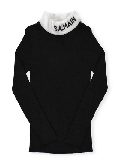 Shop Balmain Kids Logo Intarsia High Neck Jumper In Black