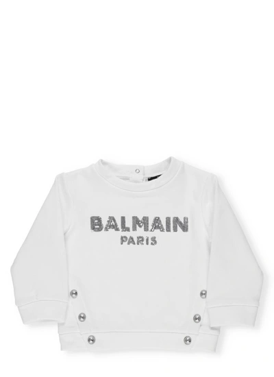 Shop Balmain Kids Sequin Logo Button Detail Sweatshirt In White