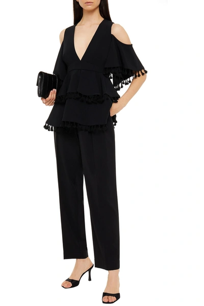 Elie Saab Cold-shoulder Tassel-trimmed  Stretch-cady Peplum Top In Black