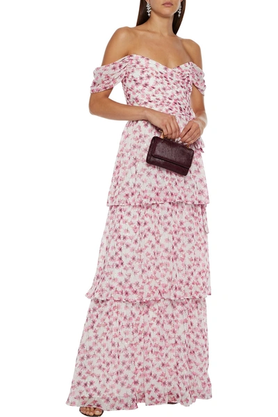 Shop ml Monique Lhuillier Tiered Off-the-shoulder Floral-print Fil Coupé Georgette Maxi Dress In Pink