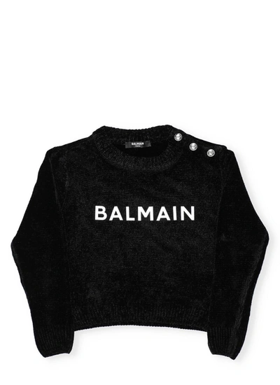 Shop Balmain Kids Logo Printed Button Detail Sweater In Black
