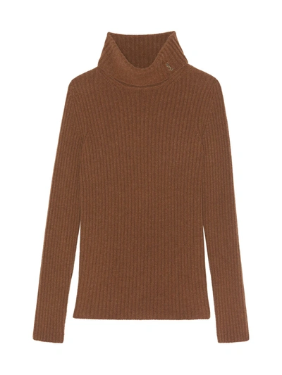 Shop Saint Laurent Ribbed Turtleneck Sweater In Brown