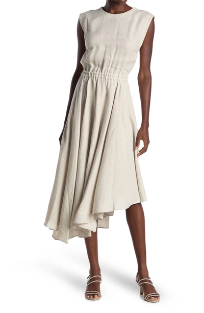 Shop Brunello Cucinelli Asymmetrical Hem Sleeveless Linen Dress In Plaster