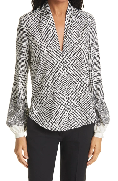 Shop Veronica Beard Beata Houndstooth Check Stretch Silk Blouse In Ivory Black