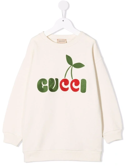 Shop Gucci Embroidered-logo Cotton Sweatshirt Dress In Neutrals