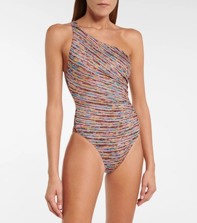 Shop Missoni One-shoulder Striped Swimsuit In Multicoloured