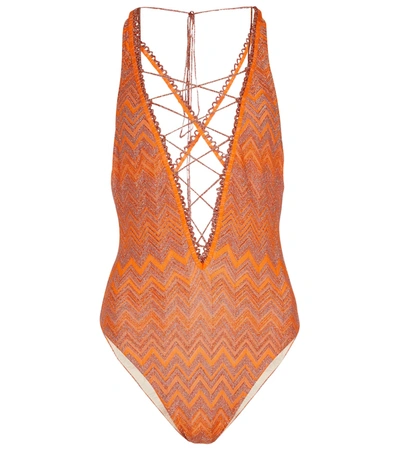 Shop Missoni Metallic Zig-zag Swimsuit In Orange