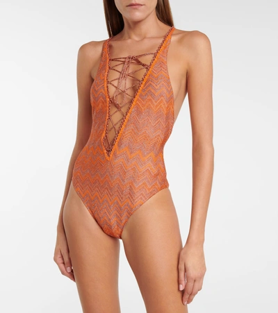 Shop Missoni Metallic Zig-zag Swimsuit In Orange