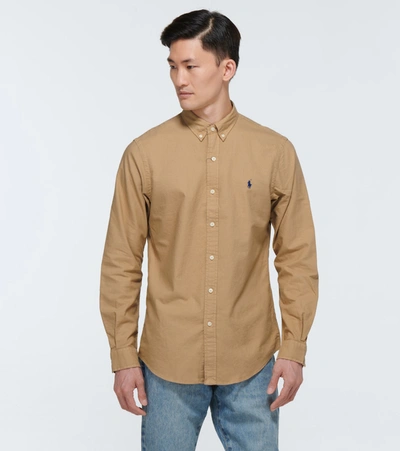Shop Polo Ralph Lauren Long-sleeved Cotton Oxford Shirt In Beige